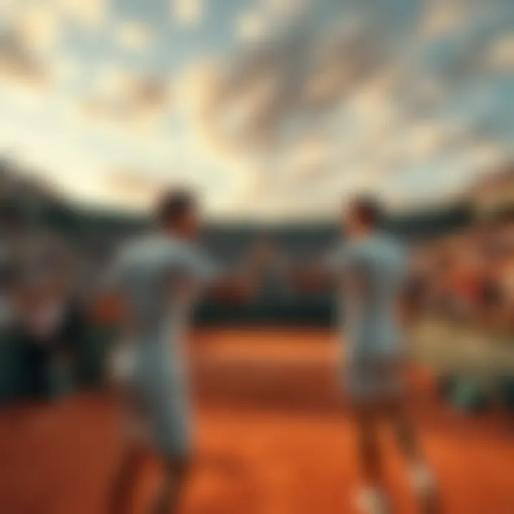 Two tennis players on a clay court at the French Open, with fans in the background cheering.