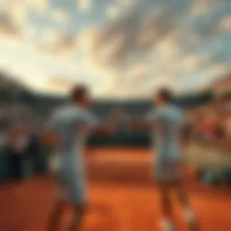Tennis players competing at the French Open Two tennis players on a clay court at the French Open, with fans in the background cheering.