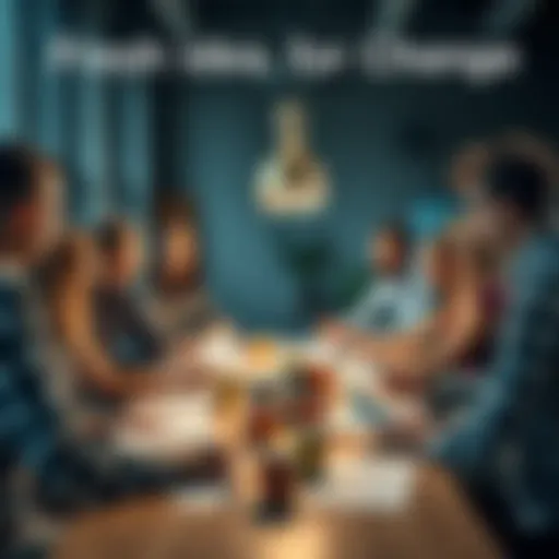 A group of diverse people brainstorming over a table filled with papers and cups, symbolizing collaboration and new ideas for change.