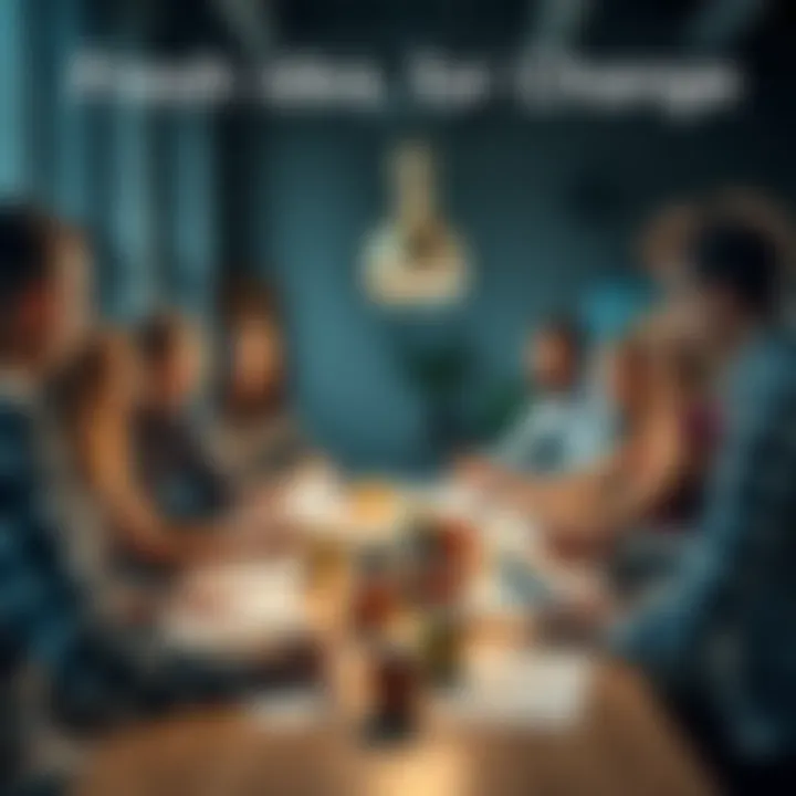 A group of diverse people brainstorming over a table filled with papers and cups, symbolizing collaboration and new ideas for change.