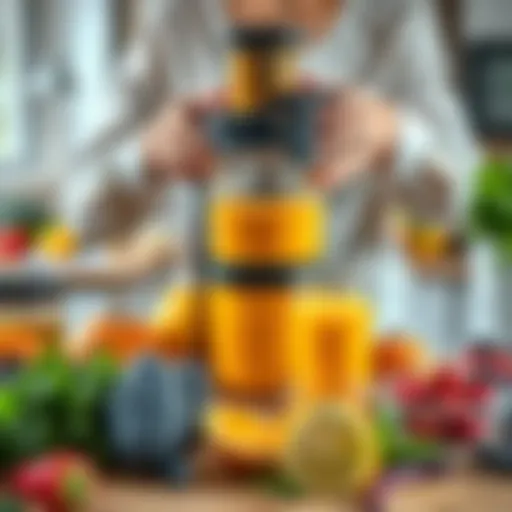 A person using a juicer to extract juice from various fruits and vegetables, showcasing the process of making fresh juice for health benefits.