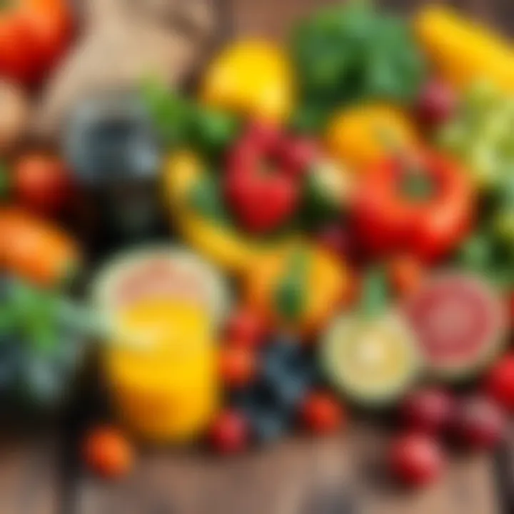 A variety of colorful fruits and vegetables for juice recipes on a wooden table
