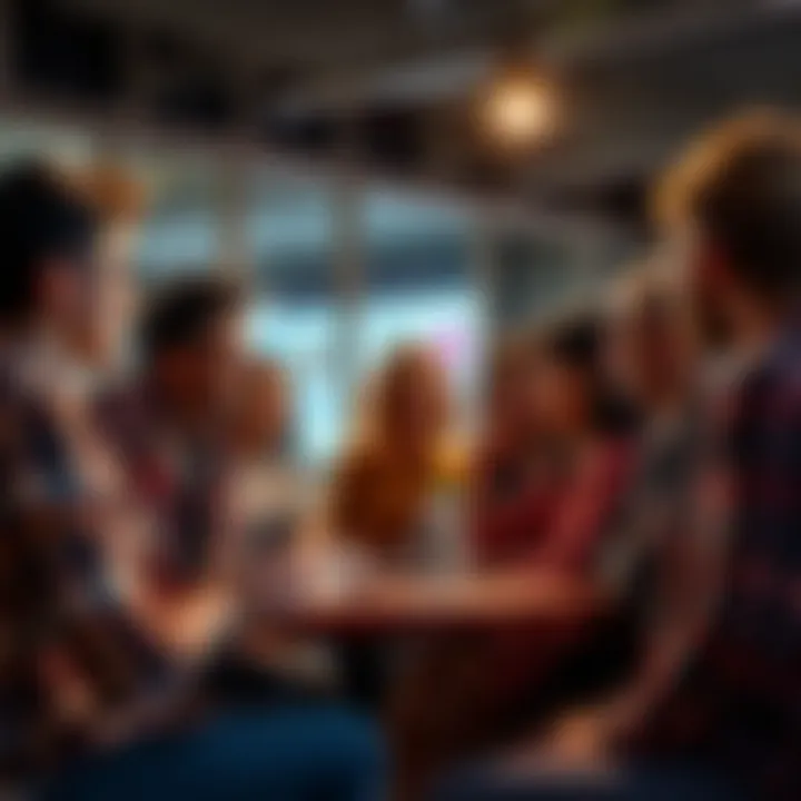 A group of diverse people discussing recent societal topics in a lively setting