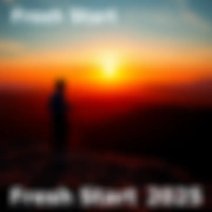 Fresh Start 2025 A person standing on a hill, looking at a sunrise, symbolizing new beginnings and opportunities in 2025.