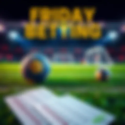 A graphical representation of a football match with betting slips on the side, symbolizing football betting strategies for Friday games.