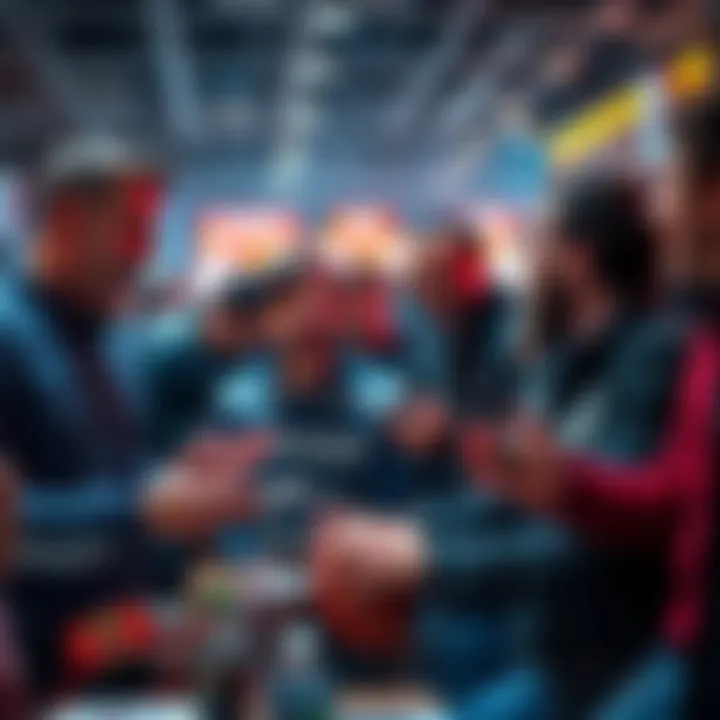 A group of people eagerly discussing and placing bets on Friday night sports events