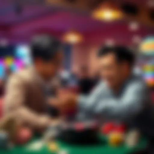 A concerned friend offering support to a young man struggling with gambling addiction and financial issues, surrounded by gaming items.