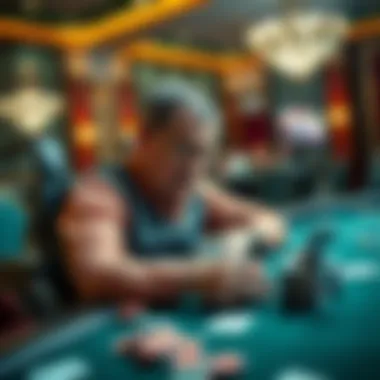 A man in a wheelchair focused on his poker hand at a casino table, with chips and cards around him, showing a mix of determination and frustration.