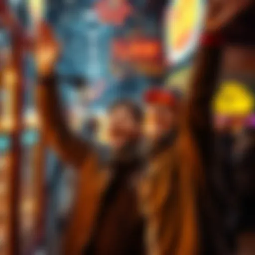 Friend wins prize at claw machine A person celebrating after winning a big prize at a claw machine in Borgotta