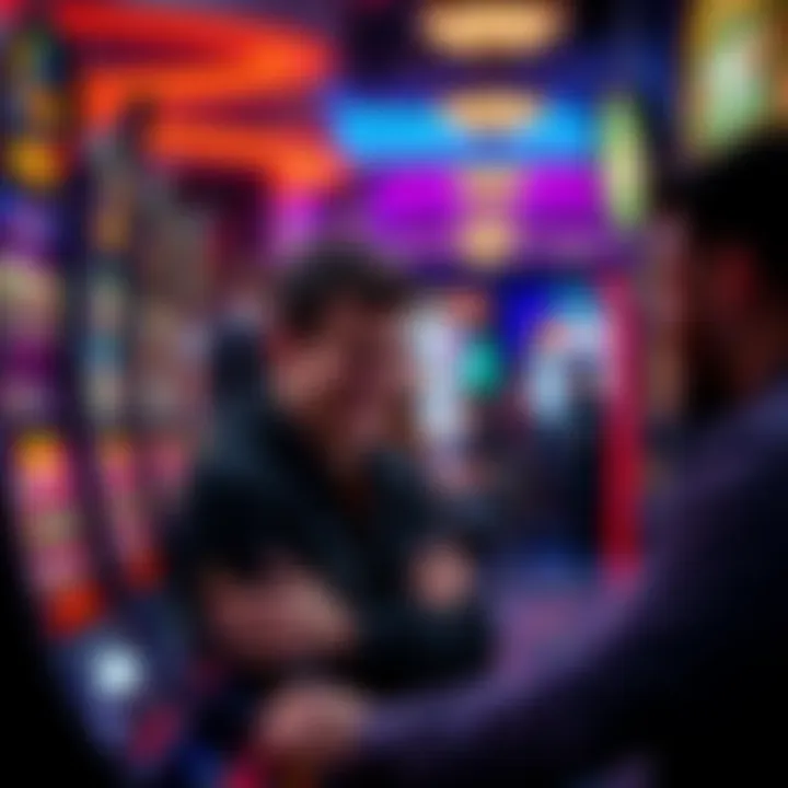 A friend laughing while playing slot machines during a poker night with others nearby