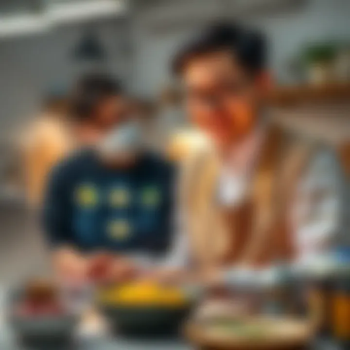 Friend cooking with AI A person smiling while cooking with the help of a laptop showing AI-generated recipes