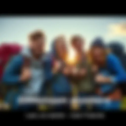 A group of friends excitedly preparing for an outdoor adventure, with backpacks and smiles