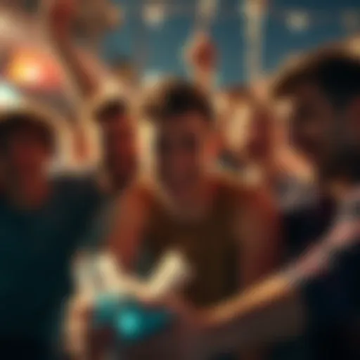 Friends celebrating winning money A group of friends celebrating together after winning money while playing games, showing mixed emotions on one friend's face.