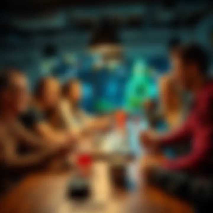 A group of friends gathered around a table playing board games, laughing and enjoying each other's company, with snacks and drinks nearby.