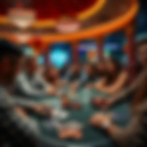 A group of friends gathered around a poker table in Las Vegas, engaged in a friendly but intense poker game, with chips and cards spread out, showcasing their competitive spirits.