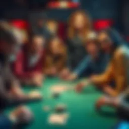 A group of friends gathered around a poker table, smiling and enjoying the game, with cards and chips visible