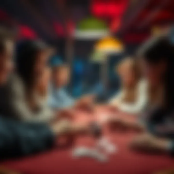 Friends playing poker A group of friends gathered around a table, focused on a poker game with cards and chips in front of them, enjoying their time together