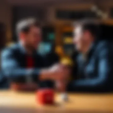 Two friends shaking hands after a bet Two friends smiling and shaking hands, celebrating a bet that started as a joke, with a dice on the table