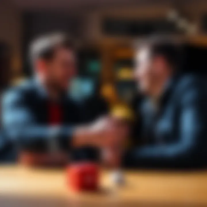 Two friends shaking hands after a bet Two friends smiling and shaking hands, celebrating a bet that started as a joke, with a dice on the table