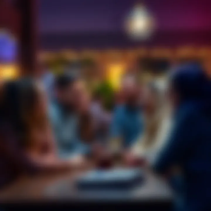 A group of friends gathered around a table, sharing ideas for their evening plans, looking happy and engaged.