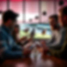 A group of friends gathered around a table, excitedly watching horse racing on a screen while placing mock bets using mobile apps.