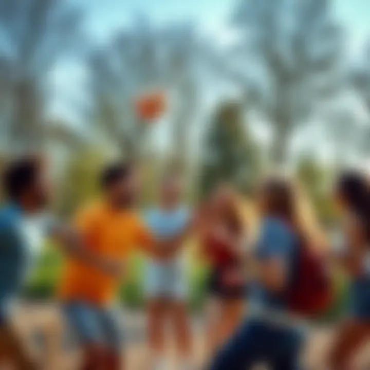 A group of friends playing volleyball and laughing together at a park, showing healthy alternatives to gambling.
