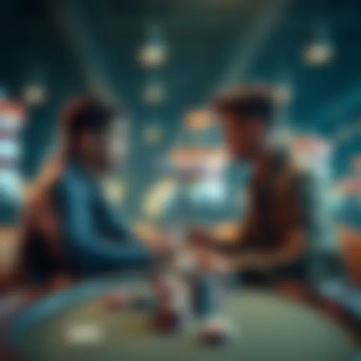 Two friends sitting across from each other at a table, playing poker with chips and cards in front of them, focusing on their game.