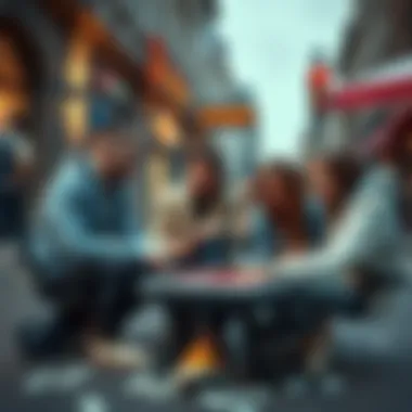 Three friends excitedly playing Street Craps on the street, focusing on the dice and bets, with cash on the ground.