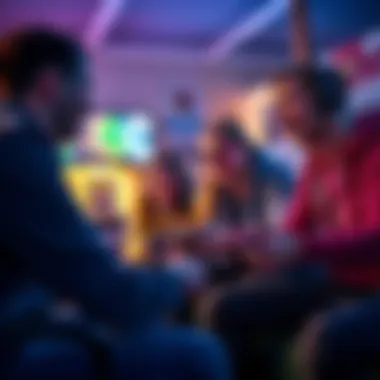 A group of people enjoying a gaming session, focused on the screen and interacting with each other, highlighting teamwork and social connection.