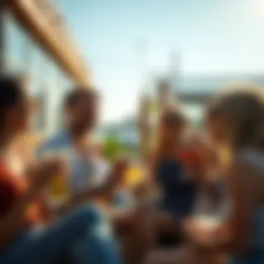 A group of friends enjoying drinks and laughing together outdoors on a sunny Sunday