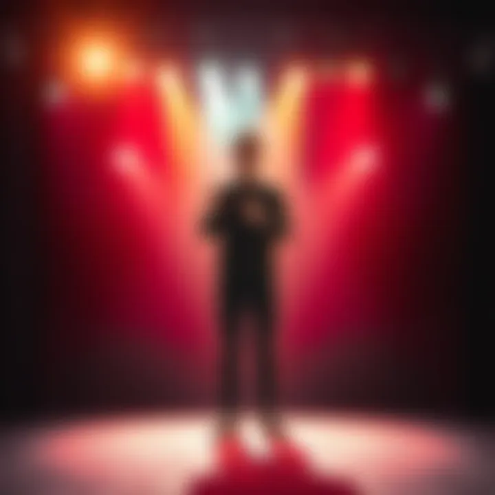 A person standing confidently on a stage with bright lights, representing a journey from obscurity to fame, holding a coin in one hand