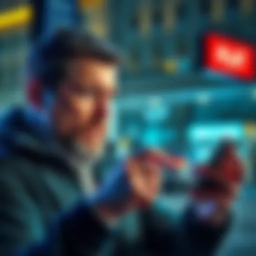 A worried man looking at his smartphone as he realizes his bank account is frozen after withdrawing cash.