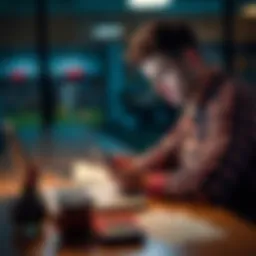 A person sitting at a table, looking disappointed while checking their phone, surrounded by betting slips and a laptop open to a betting site
