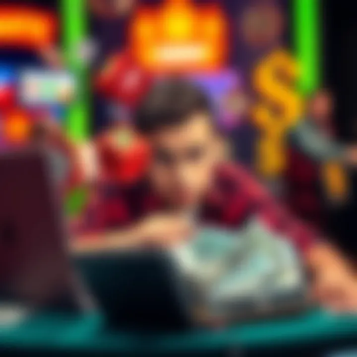 A person looking disappointed while playing online casino games on a laptop, surrounded by losing symbols and empty wallet, representing a loss of money.