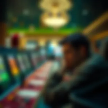 A person looks disappointed at a casino table with empty slots and no winnings in sight, reflecting on recent losses.