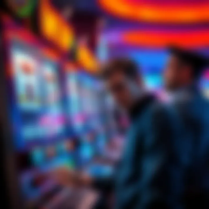 Frustrated gambler at a slot machine A gambler looks disappointed at a slot machine, with a high wager displayed on the screen and a VIP host standing nearby looking unhelpful.