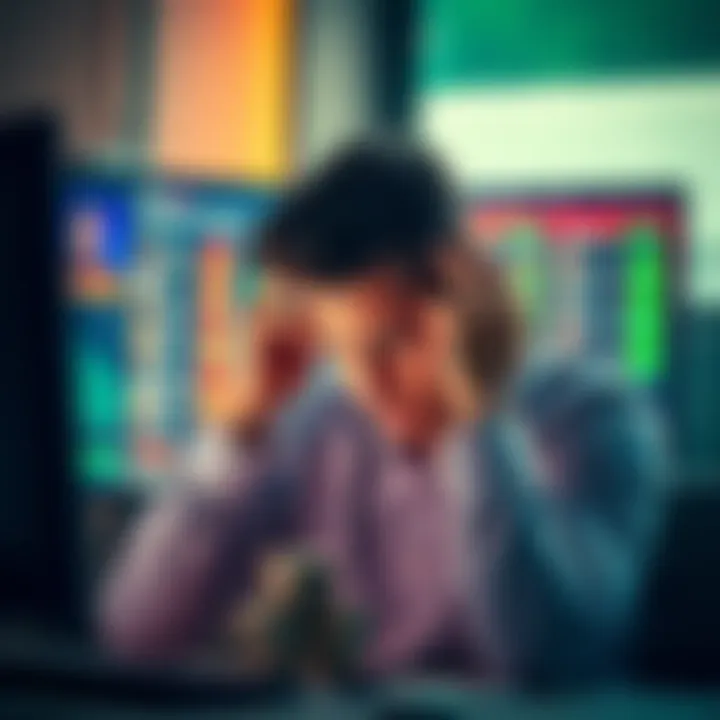Frustrated gambler after losing money A man looks upset while holding his head in his hands, sitting in front of a computer screen showing a betting page.
