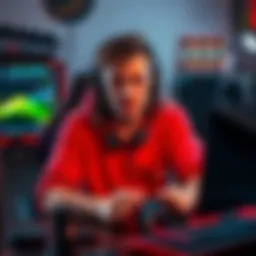 A gamer showing frustration while playing video games, surrounded by gaming equipment.