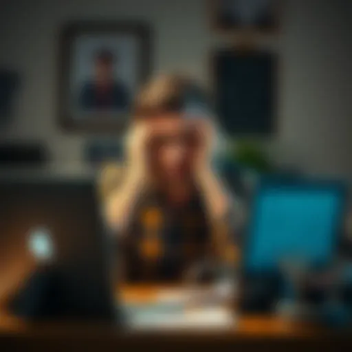 A person sitting at a desk, looking overwhelmed while browsing job listings on a laptop, reflecting frustration after job loss