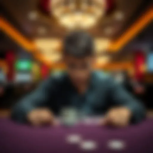 A young man looks disappointed while playing blackjack at a casino, with cards and chips on the table.