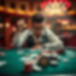 A player shows frustration while sitting at a blackjack table in a casino, with cards and chips scattered on the table, reflecting their repeated losses.