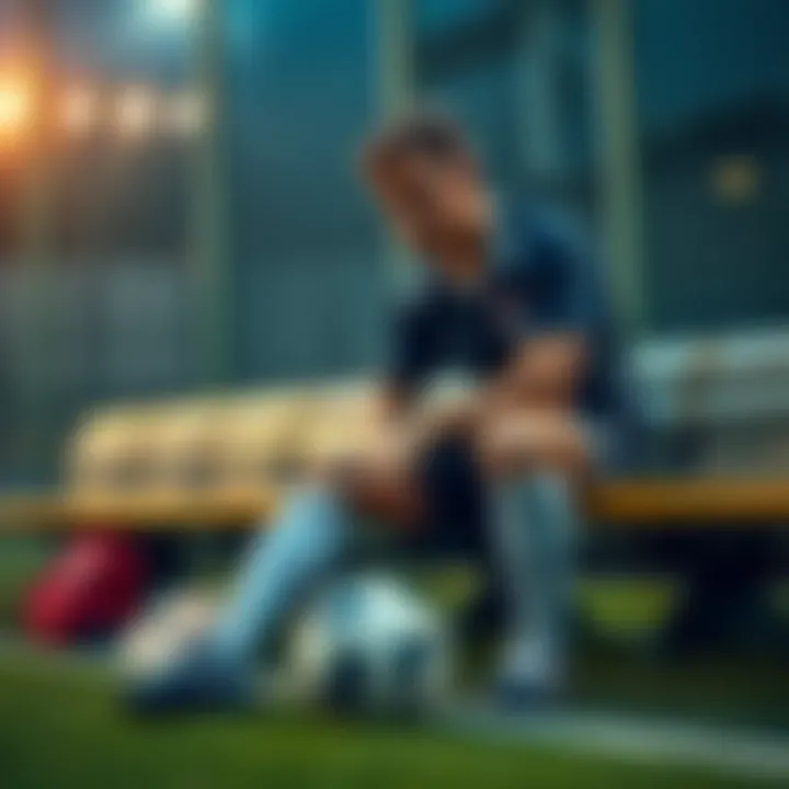 An athlete sitting on a bench with a disappointed expression, looking at the ground, with a soccer ball beside them.