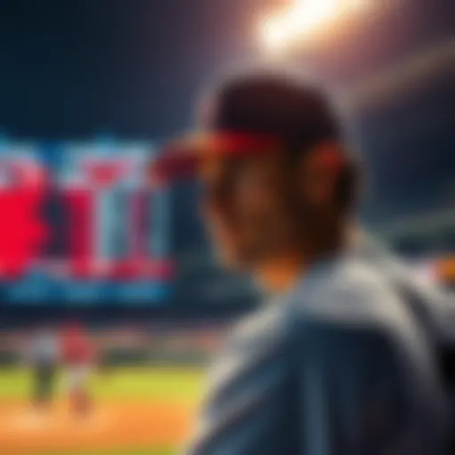 A frustrated baseball player looks at a scoreboard, showing close game results in the background.