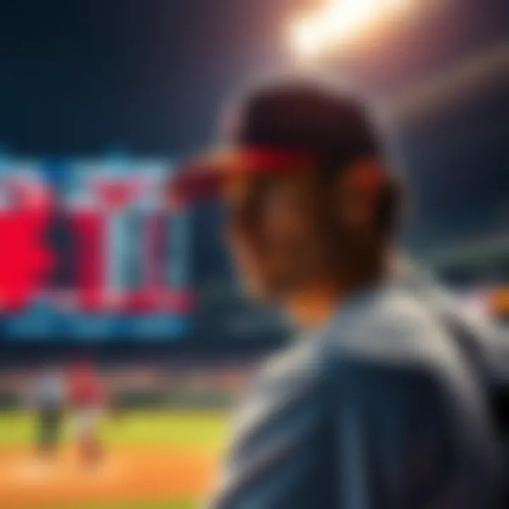 A frustrated baseball player looks at a scoreboard, showing close game results in the background.