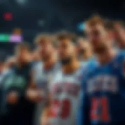 A group of basketball fans expressing disappointment at a game, wearing jerseys of the Celtics, Knicks, and Clippers