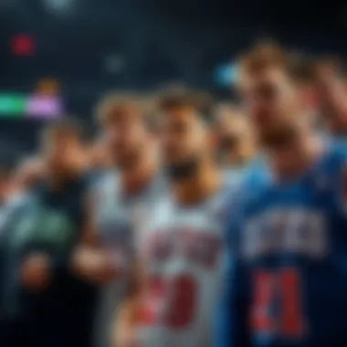 A group of basketball fans expressing disappointment at a game, wearing jerseys of the Celtics, Knicks, and Clippers
