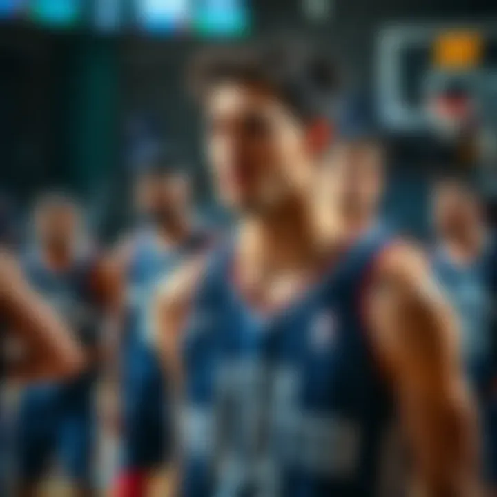 A basketball player looks disappointed on the court after a tough game, with teammates around showing mixed emotions.