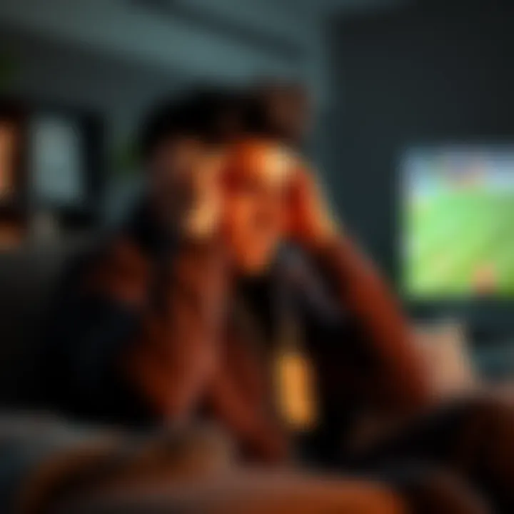 A frustrated bettor sitting on a couch with his head in his hands while watching a sports game on TV.