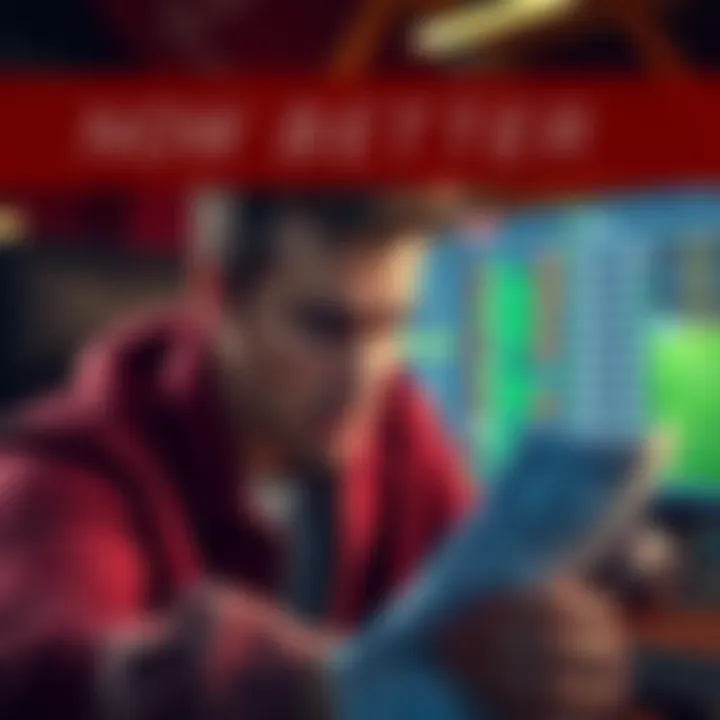 A man looking upset while staring at betting slips and a computer screen showing sports odds, symbolizing financial loss in gambling.