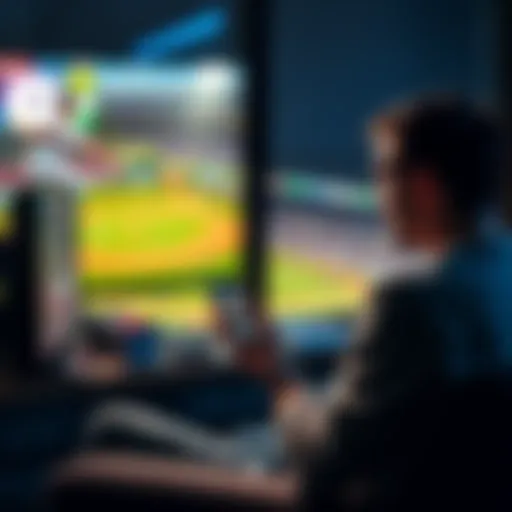 A frustrated person sitting in front of a television, watching a baseball game while looking at their betting app, showing signs of stress and disappointment.